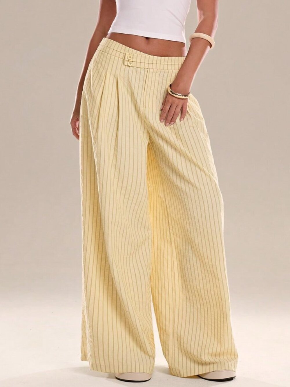 Yellow Casual Chic Women's Striped Waist Trousers - Picture 4 of 7